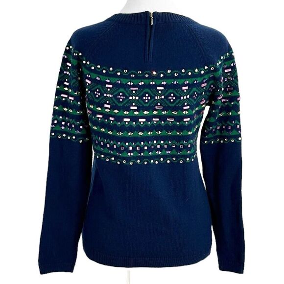 TALBOTS Blue Green Jeweled Crystal Embellished Sweater S Petite Lambswool Blend - Picture 2 of 14